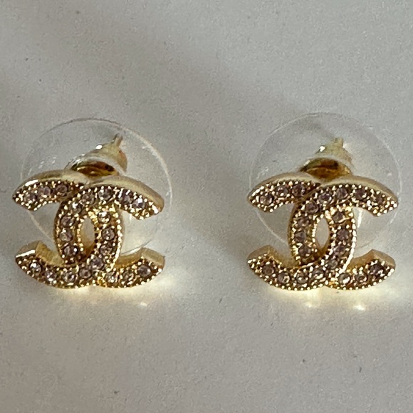 CHANEL Jewelry - Chanel tiny mini crystal stud rhinestone earrings gold tone